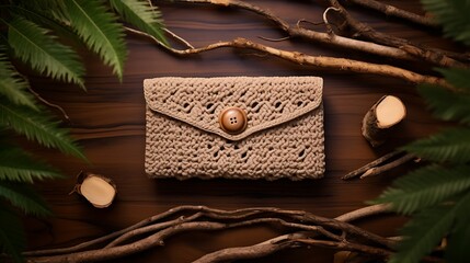 A vintage-inspired crochet clutch for women, artisan craftsmanship, and a retro buttoned closure, mockup, showcased on a matte clay surface - obrazy, fototapety, plakaty