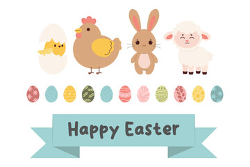 Easter spring set with cute eggs, birds, rabbit and lamb. Vector illustration