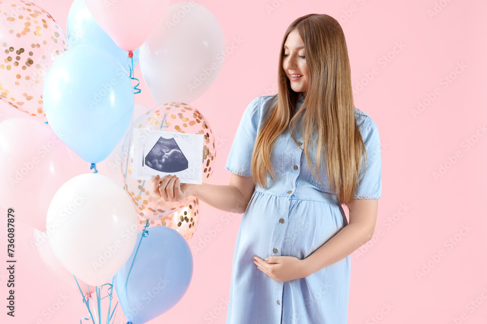 Sticker young pregnant woman with sonogram image and balloons for baby shower on pink background