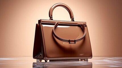 A sleek patent leather handbag for women, impeccable craftsmanship, and a glossy appearance, mockup, placed against a matte clay background