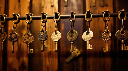 Key holder on wooden wall indoors. Key hanger. Keys are hung on a hanger