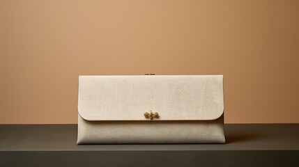 A minimalist linen clutch for women, understated craftsmanship, and a discreet snap closure, mockup, positioned against a matte clay backdrop - obrazy, fototapety, plakaty