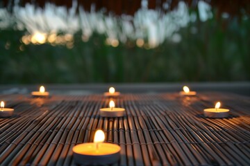 closeup of bamboo mat with lit candles and open space above - obrazy, fototapety, plakaty
