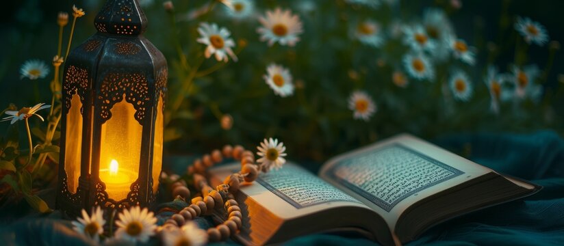 A serene evening: a book and a flickering candle sitting on a beautiful bed of colorful flowers
