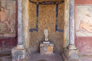 Statue and frescoes at ancient House of Octavius Quartio (Casa di Ottavio Quartione), Pompeii,...