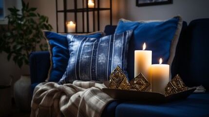 Blue Couch With Two Candles