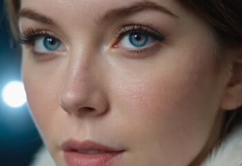 Fototapeta premium Close-up macro portrait of a female face. A woman with open blue eyes and daytime cosmetic makeup. A girl with perfect skin and freckles.