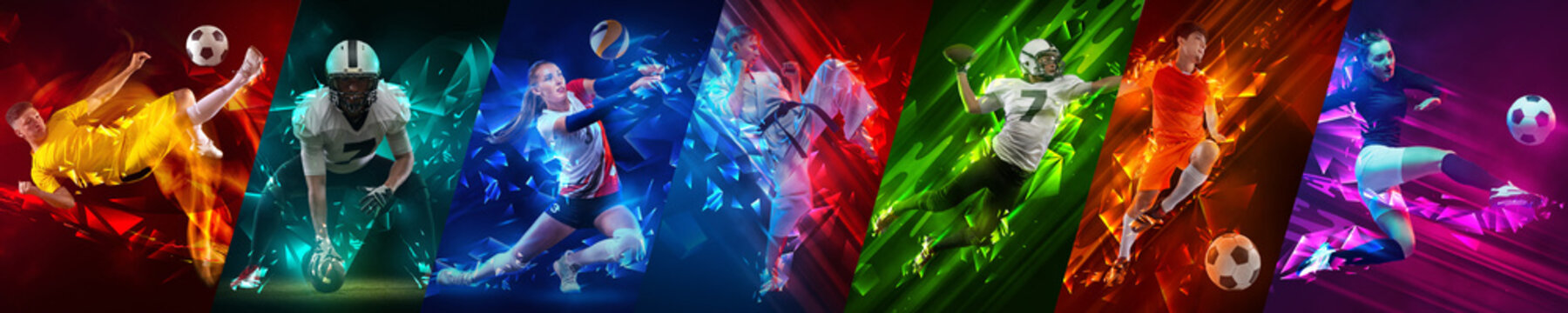 Collage made of people, men and women, athletes of different sports in motion during game over multicolored background in neon with polygonal elements. Sport, competition, tournament, dynamics concept