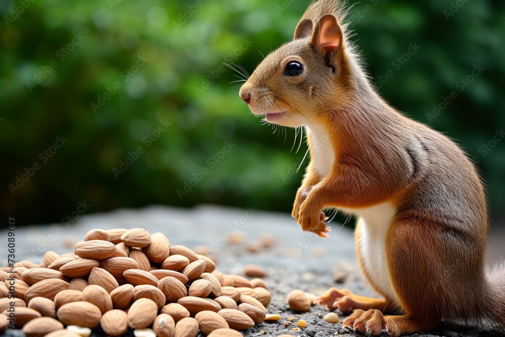 Wall mural squirrel sitting on hind legs with almond pile beside it - Wall murals