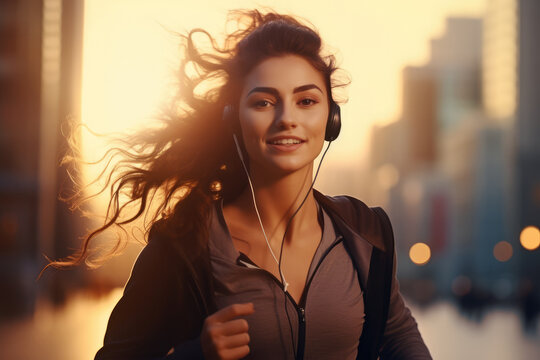 Young woman with big headphones jogging over blurred city urban background early morning, daily routine student female, healthy habit for adult, running workout sunrise, wear sportswear for sportsman.