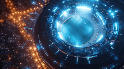 Obraz na płótnie Canvas Aerial Shot Looking Down on Huge Circular Football Stadium, Modern and High-Tech, Night Time, Lights On, Hyper Realistic by Generative AI