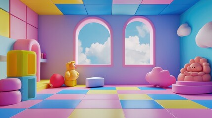 
3D Rendered Background: Empty Interior Space for Kids and Animation by Generative AI