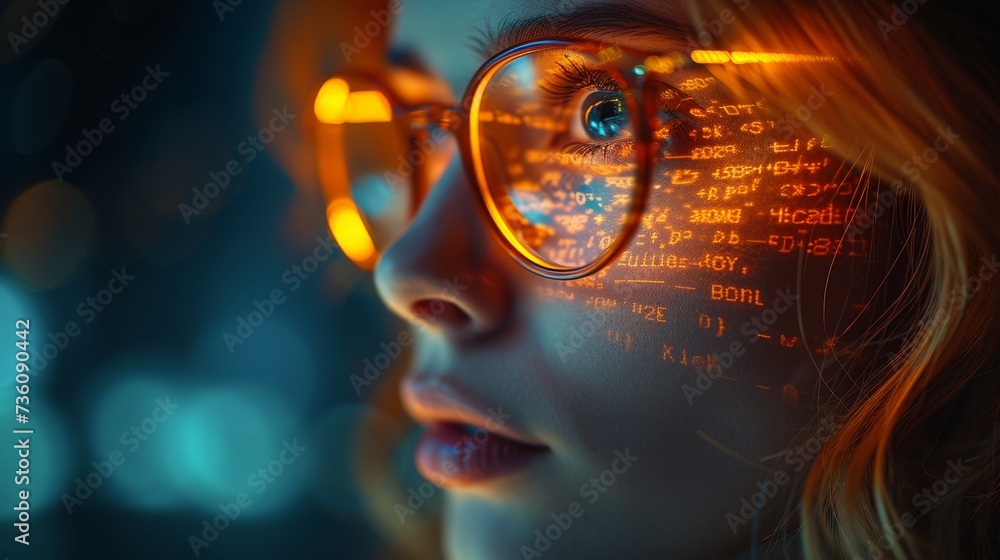 Aufkleber A programming hologram and woman using a tablet to think about data analytics, digital technology, and night overlay. A programmer or IT professional wearing glasses on a 3D screen to learn how to