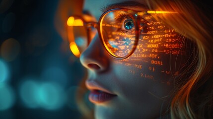 A programming hologram and woman using a tablet to think about data analytics, digital technology, and night overlay. A programmer or IT professional wearing glasses on a 3D screen to learn how to