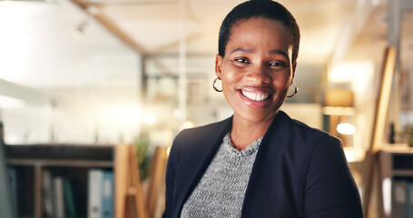 Face, happy and black woman in office at night for business on a computer during overtime. Smile,...