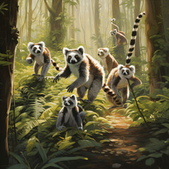 lemurs on tree art - obrazy, fototapety, plakaty
