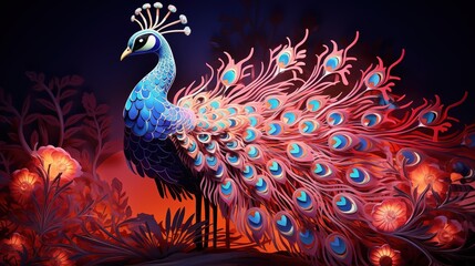 Fototapeta premium paper cut sculpture layer art illustration, close up peacock in forest, gold green tone color, Generative Ai 