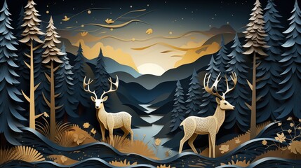 golden male deer walking in winter season conifer forest, Generative Ai	
 - obrazy, fototapety, plakaty