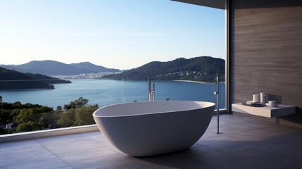 Contemporary bathroom with bath, large windows, and serene sea views, minimalist luxury concept, banner