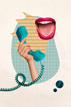 Vertical creative collage poster woman toothy mouth face fragment speech talk via telephone call conversation cable wire operator