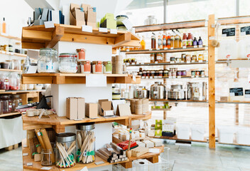 Zero waste shop interior. Wooden shelves with varieties of cosmetic products.