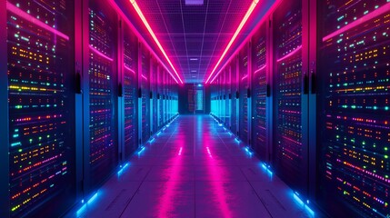 The Data Center Server Room. Network Communication, Colorful Neon Server Racks, State-of-the-Art Optical fiber In The Background