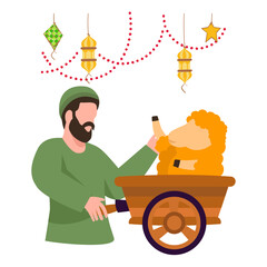 rancher bringing his goat on Wheel Crate concept, Farmer Transporting goats home or to market vector design, Eid al-Azha Eid ul Kabir Symbol, Hajj Sign, Muslims religious Festival Stock illustration