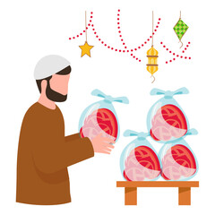 Qurbani meat distribution between family, friends and  poor Concept, Bunch of Sacrificial meat bags vector, Eid al-Azha Eid ul Kabir Symbol, Hajj Sign, Muslims religious Festival Stock illustration