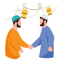 Muslims Wishing and Greetings Eid Mubarak each other concept, Indians Shaking Hands on Eid Day vector design, Eid al-Azha or Eid ul Kabir Symbol Hajj Sign, Muslim religious Festival Stock illustration