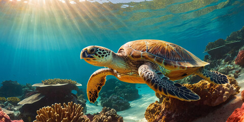 A sea turtle swims under water filled with rays of the sun among sea corals.
