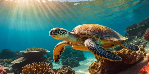  A sea turtle swims under water filled with rays of the sun among sea corals. © hobonski