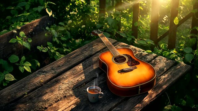 Acoustic guitar and tea cup laying on wooden table in the park. Seamless looping time-lapse 4k video animation background