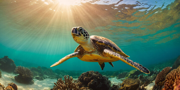 A sea turtle swims under water filled with rays of the sun among sea corals.