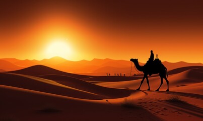 Fototapeta na wymiar A Camel Journey Across the Majestic Desert at Sunset