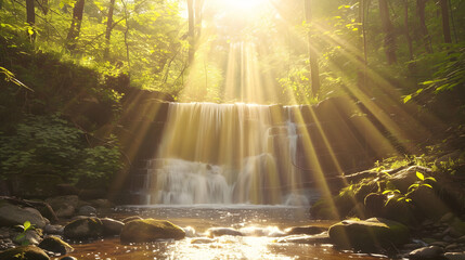 Enchanting Sunburst by Waterfall: Radiant Nature Scene with Glorious Sunlight Filtered Through Trees
