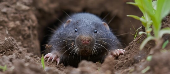 A close-up of a black rat foraging for food in the dirt