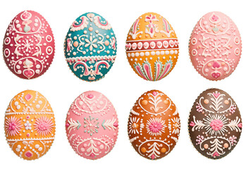 Fototapeta premium multi-colored Easter cookies in the shape of an egg with icing and ornament isolated on a transparent background, png