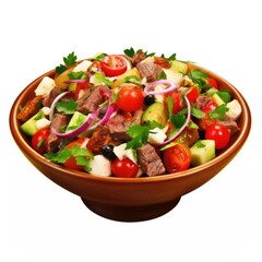 Bowl with tasty meat salad on a white background