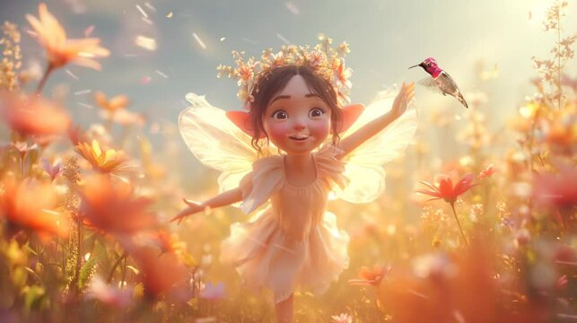 Little fairy with a bird in flowers garden. Seamless looping time-lapse 4k video animation background