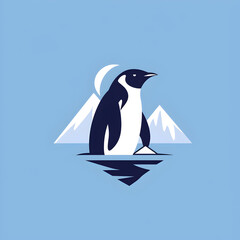 A logo illustration of a penguin and an iceberg on a blue background. Created with generative AI.