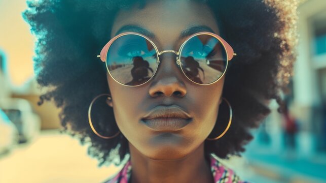 Stylish happy young woman wearing sunglasses, close up urban portrait