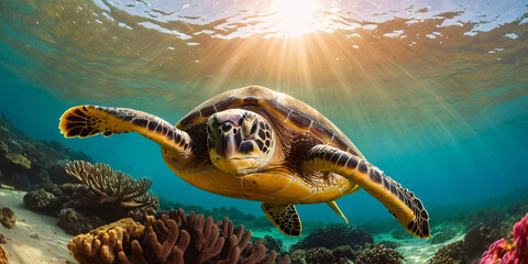 A sea turtle swims under water filled with rays of the sun among sea corals.
