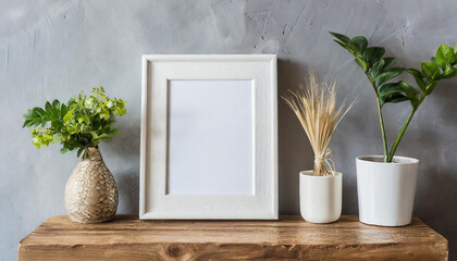 Small square wooden frame mockup in scandi style interior with trailing green plant, bird, pile of books and shelf on empty neutral white wall background. 3d rendering, illustration