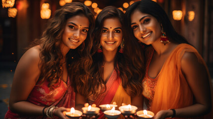 Obraz na płótnie Canvas Three beautiful girls during Diwali in India.