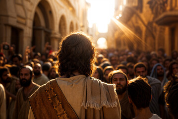 Jesus standing in Jerusalem teaching a large crowd of followers
