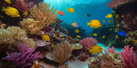 Seabed with corals and exotic tropical fish. The underwater world of the tropical sea, filled with sunlight.