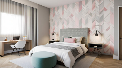 A contemporary and aesthetically pleasing bedroom with a modern design, featuring clean lines, minimalist furniture, and soft, neutral tones, accented by pops of color and texture.