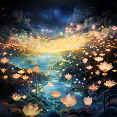 Abstract watercolor landscape with lotus flowers and firework. Digital painting.