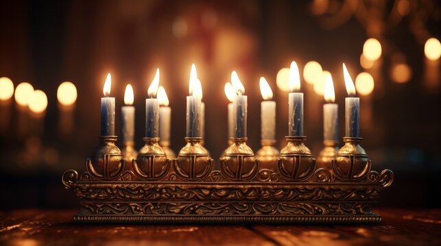 Lit Menorah With Candles on Table