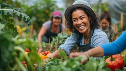 Colheita comunitária alegre em horta urbana inclusiva